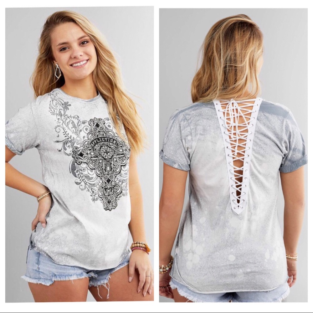 Affliction Charlotte oak lace up rhinestone top L
